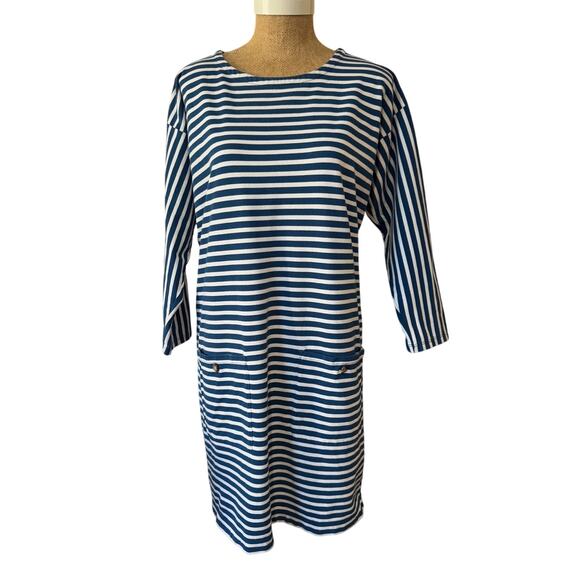 J. Crew Knit Front Pocket Blue White Stripe Shift Dress Size Medium EUC Preppy - Picture 2 of 10
